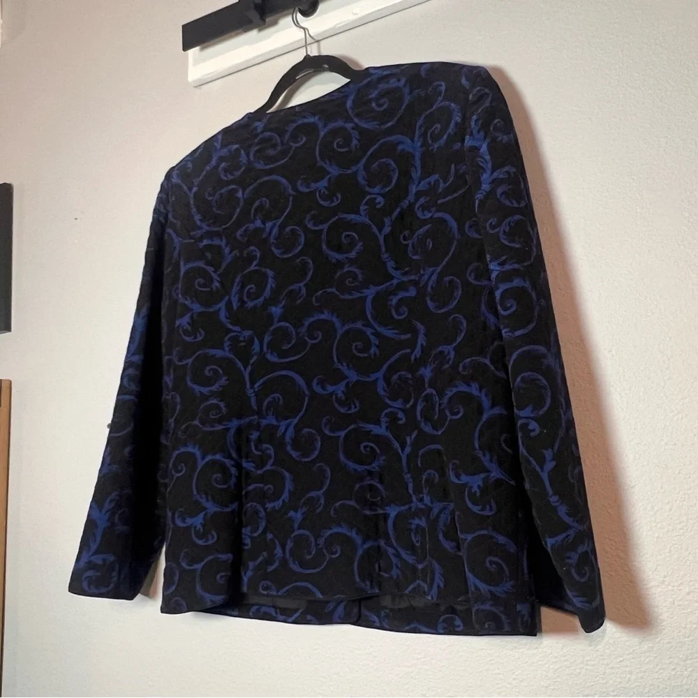Talbots Quilted Blazer Jacket Button Up Blue Black Silk Swirl Size 14 Flaw